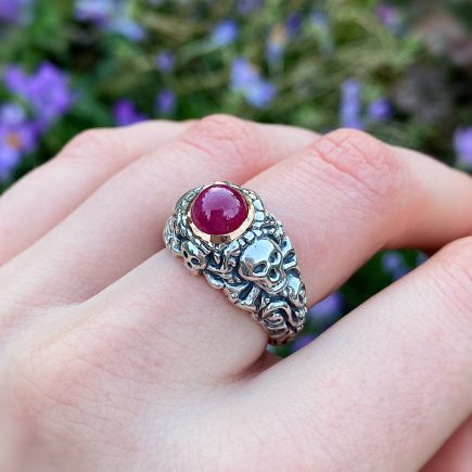 SILVER PIRATE RING WITH CENTRAL PINK RUBY AND 9CT ROSE GOLD SETTING