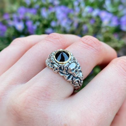 Silver Pirate Ring with Pointed Black Sapphire and 9ct Yellow Gold Setting