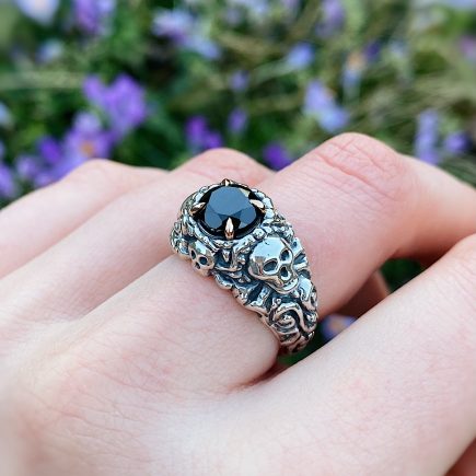 Silver Pirate ring with Black Sapphire and 9ct rose gold claws