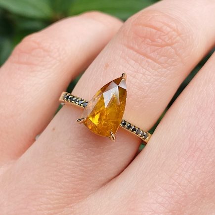 18ct Yellow Gold Unique Orange Diamond Ring with Black Diamond Shoulders