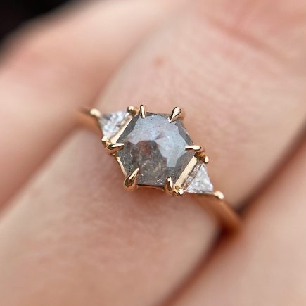 18ct Rose Gold Hexagon Salt and Pepper and White Diamond Trilogy Ring