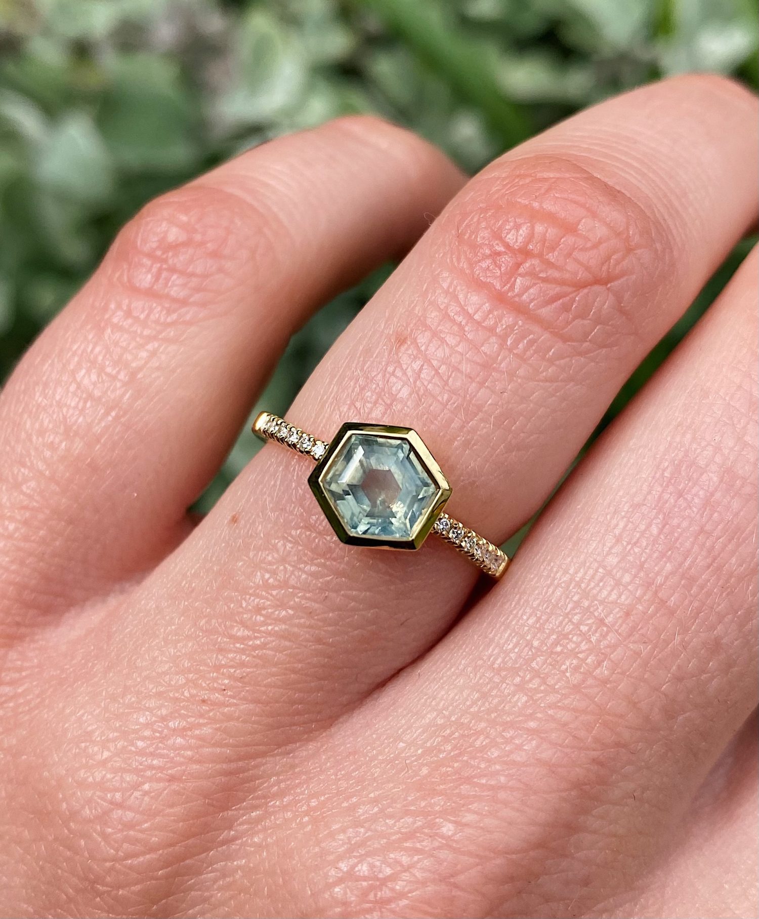 18ct Yellow Gold Sage Green Hexagon Sapphire Ring Baroque Bespoke