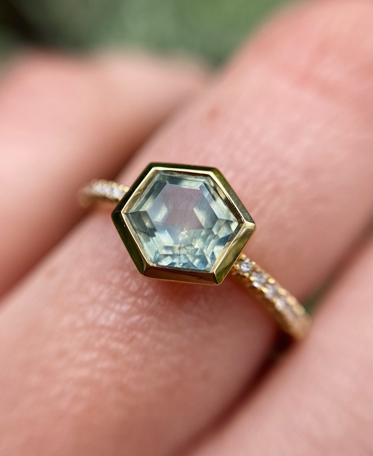 18ct Yellow Gold Sage Green Hexagon Sapphire Ring Baroque Bespoke