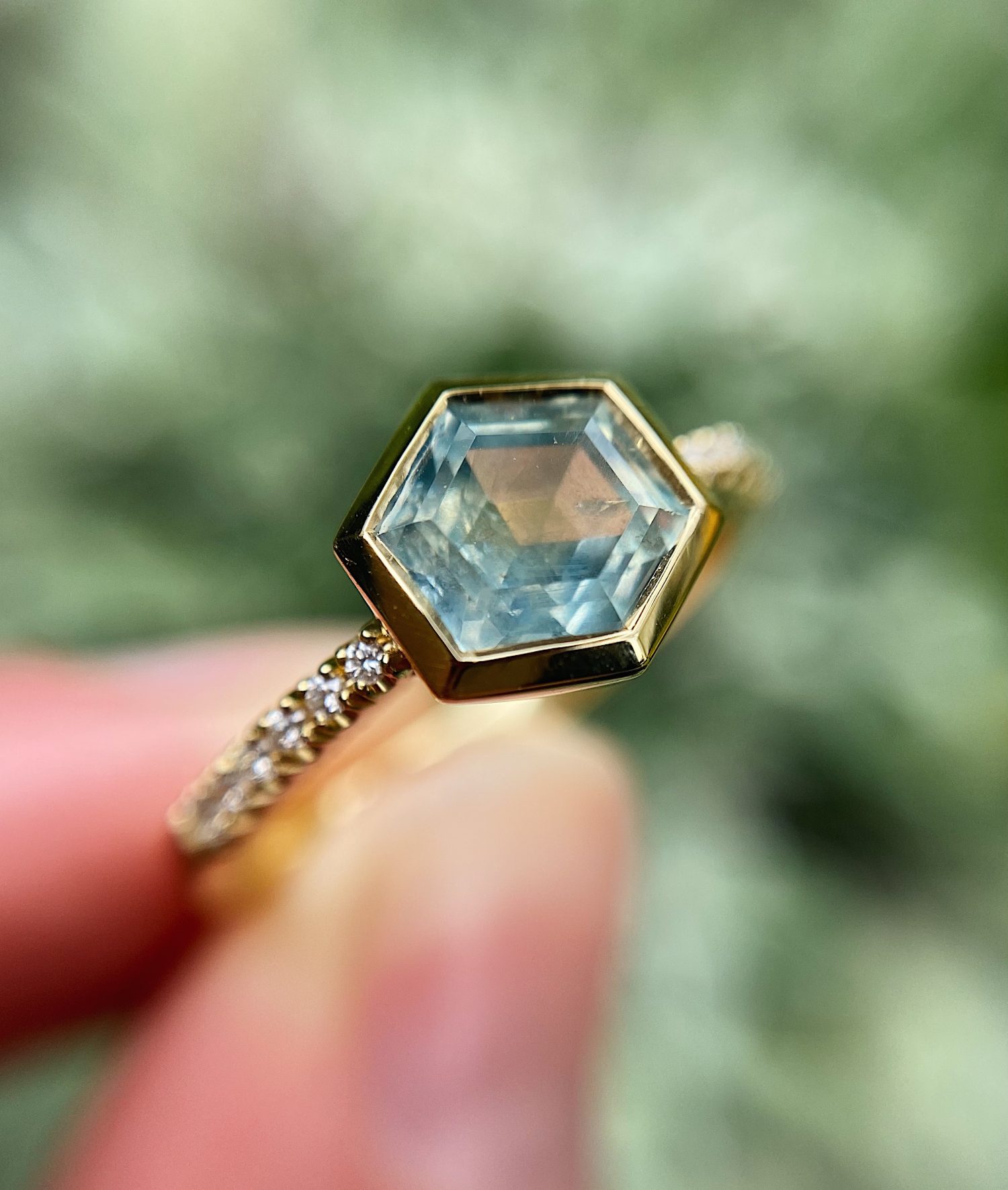 18ct Yellow Gold Sage Green Hexagon Sapphire Ring Baroque Bespoke