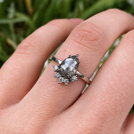 Platinum Ring with 1.02ct Pear Shape Salt and Pepper Diamond with White Claw-set Diamond Accent
