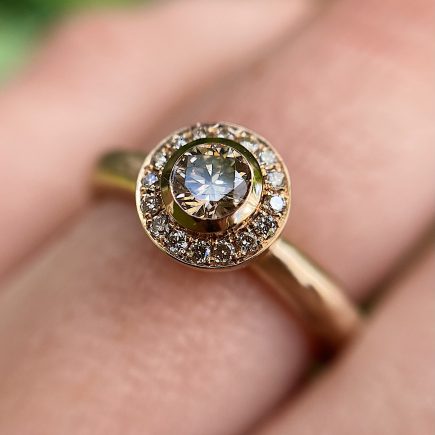 18ct Rose Gold Molten Halo Diamond Engagement Ring With Filigree Collet and Champagne Diamonds