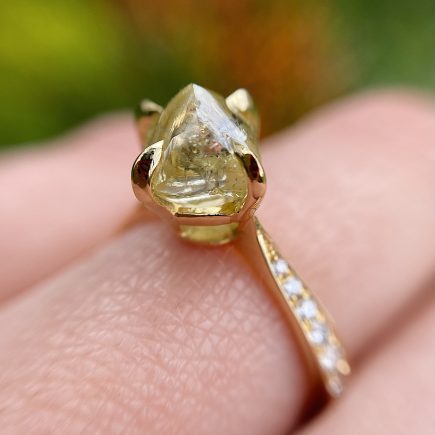 18ct Yellow Gold Rough Yellow Diamond Solitaire Ring with Pave Diamond Shoulders