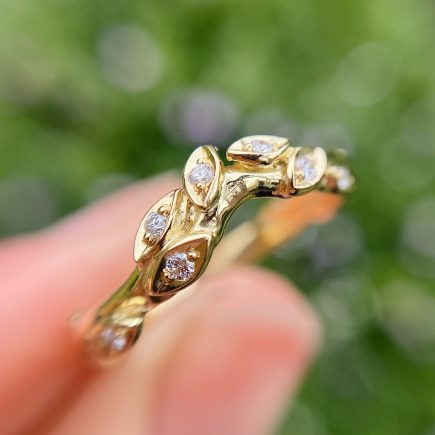 18ct Yellow Gold Rose and Thorn Curved Wedding Band with White Diamond Set Leaves