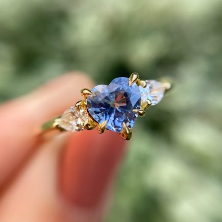 18ct Yellow Gold Heart Shape Blue Sapphire Ring with White Diamond Shoulders