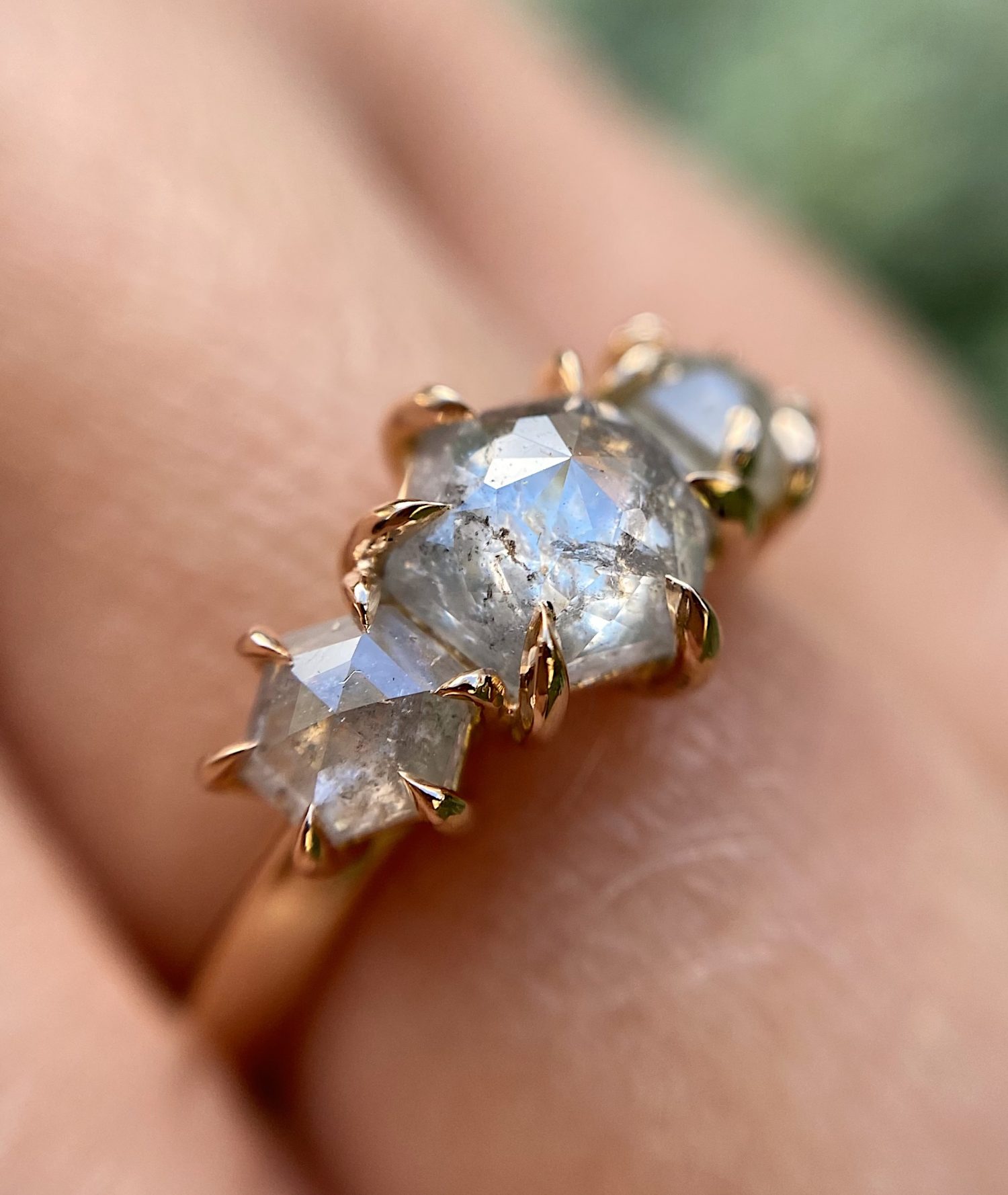 18ct Rose Gold Salt and Pepper Hexagon Trilogy Ring Baroque Bespoke