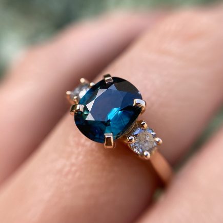 18ct Rose Gold Teal Sapphire and Salt and Pepper Diamond Trilogy Ring