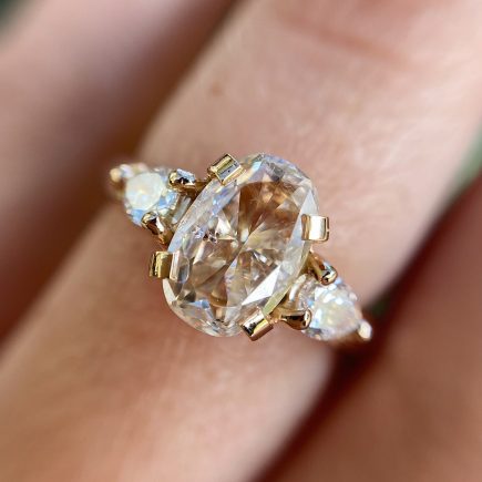 18ct Rose Gold Pale Peach Diamond Ring with Pear Shape Diamond Side Stones