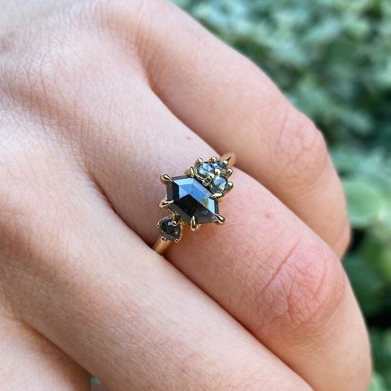 18ct Yellow Gold Dark Salt and Pepper Diamond Cluster Ring