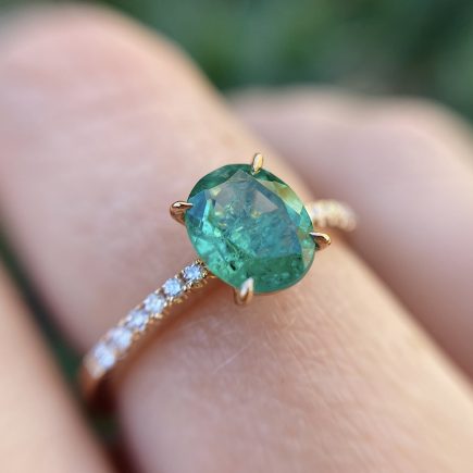 18ct Rose Gold and Emerald Engagement Ring with Diamond-set Shoulders