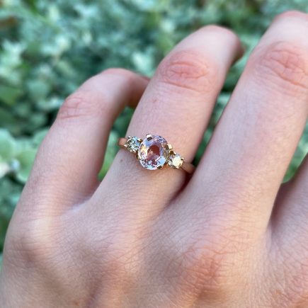 18ct Yellow Gold Padparadscha Pink Sapphire and Champagne Diamond Trilogy Ring