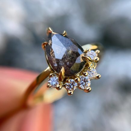 18ct Yellow Gold Ring with 1.02ct Pear Shape Salt and Pepper Diamond with White Claw-set Diamond Tiara Accent