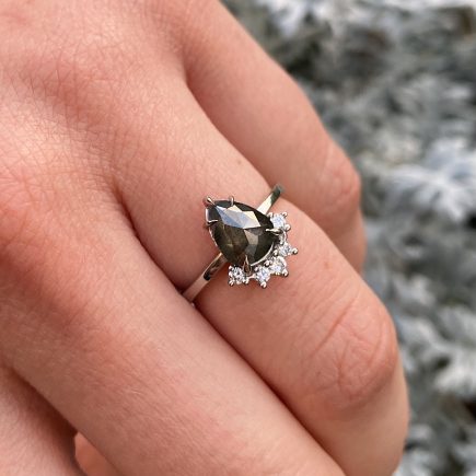 Platinum Ring with 1.01ct Pear Shape Salt and Pepper Diamond with White Claw-set Diamond Tiara Accent