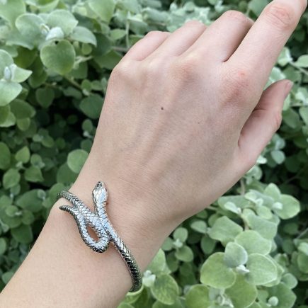 Silver Snake Bangle with Black Diamond Eyes