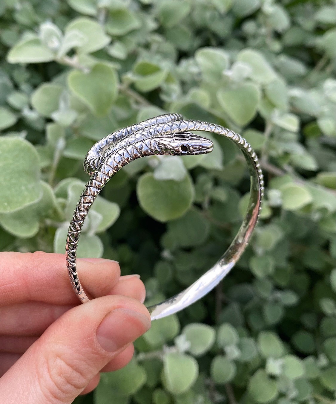 Silver Snake Bangle with Black Diamond Eyes Baroque Bespoke Jewellery
