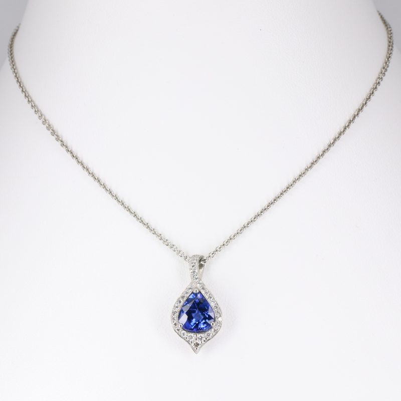 Platinum, pear-shaped sapphire and diamond atlantis pendant