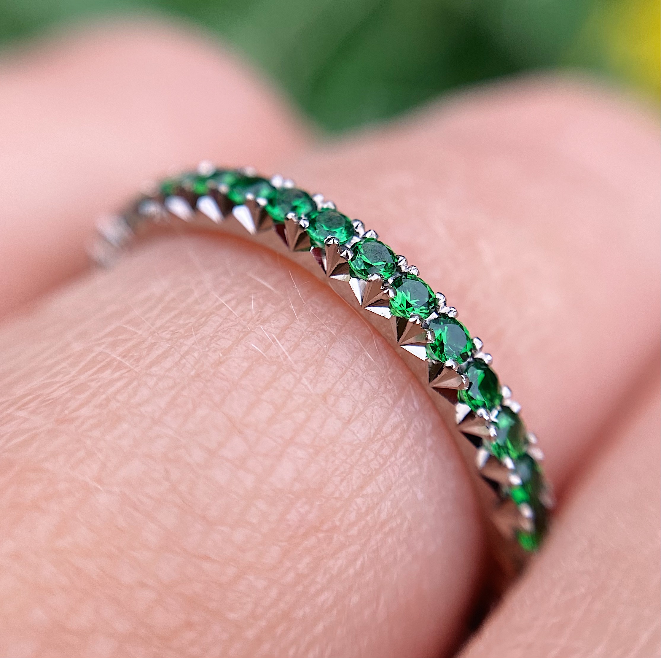 18ct White Gold French cut Green Tsavorite Garnet Eternity Ring