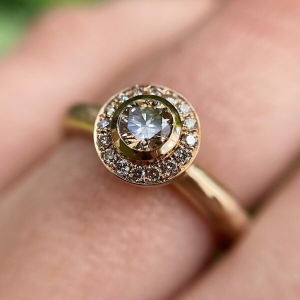 18ct Rose Gold Molten Halo Diamond Engagement Ring With Filigree Collet and Champagne Diamonds