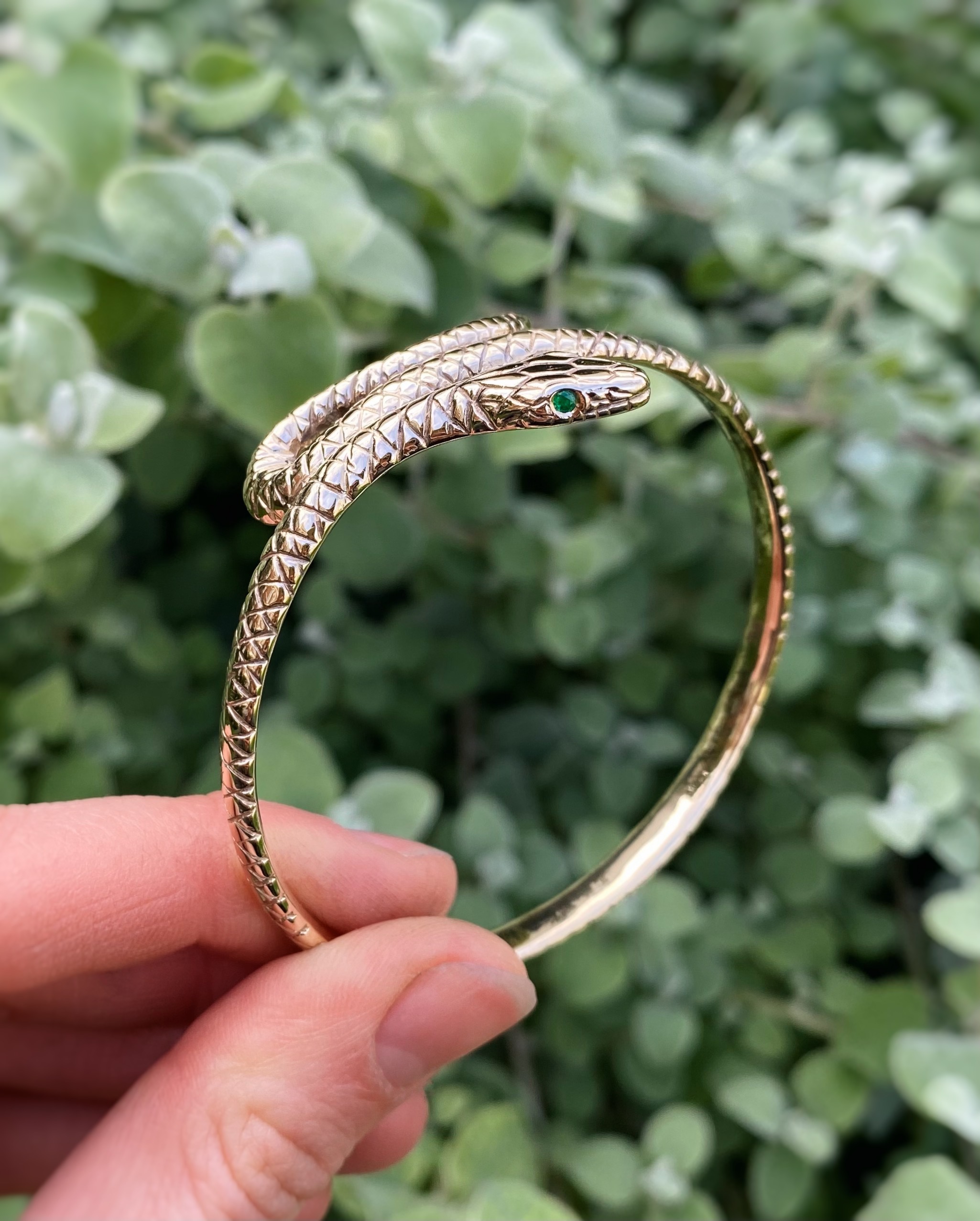 9ct Yellow Gold Snake Bangle with Emerald Eyes Baroque Jewellery