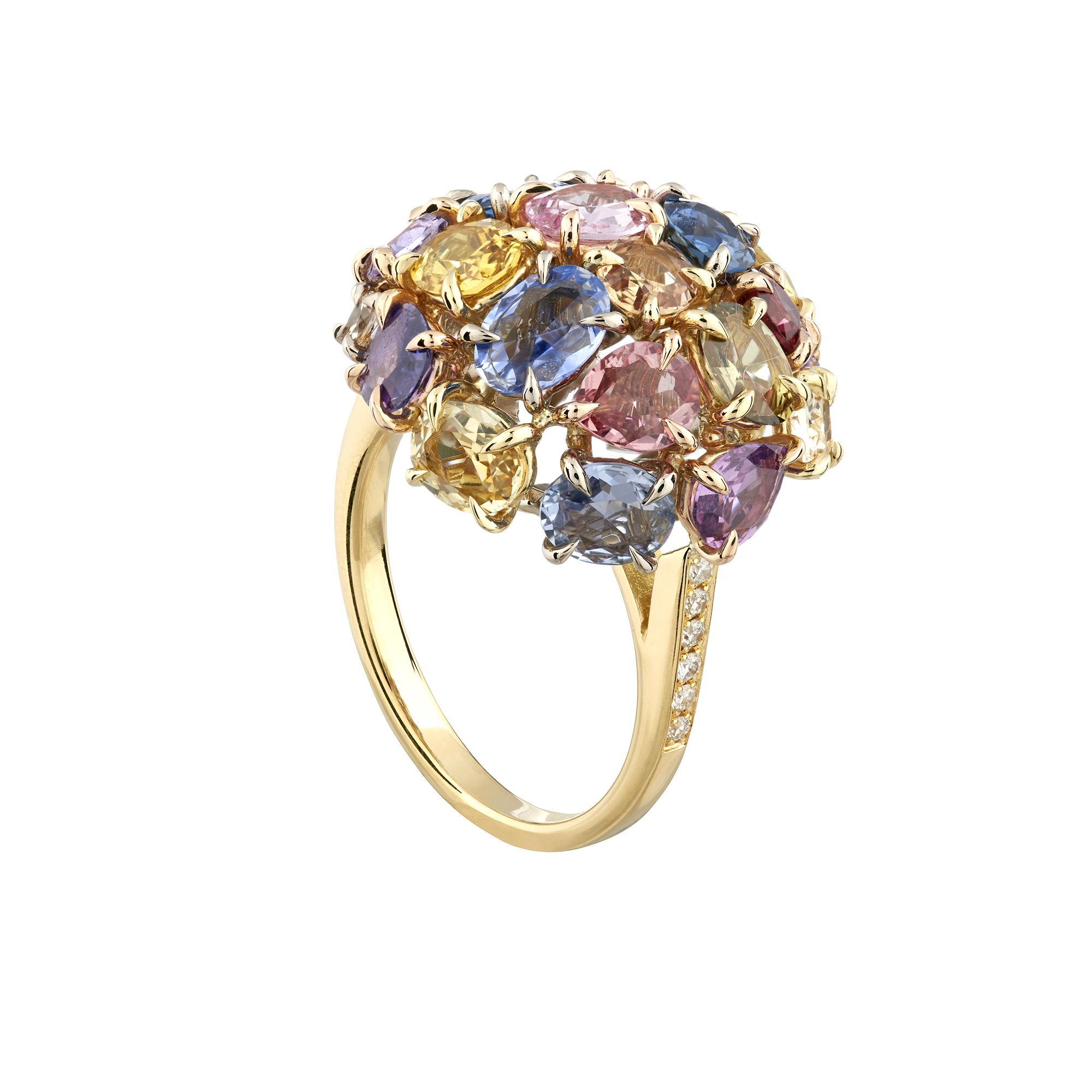 18ct yellow gold Limited Edition Rainbow Sapphire cluster ring Baroque  Jewellery