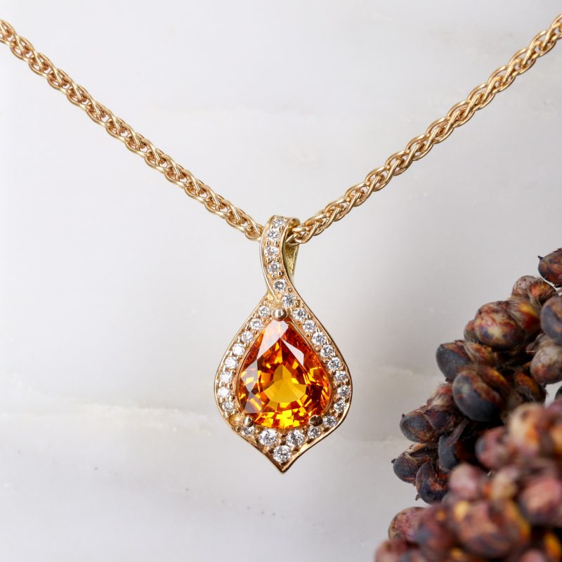 18ct rose gold, pear-shaped orange sapphire and diamond atlantis pendant