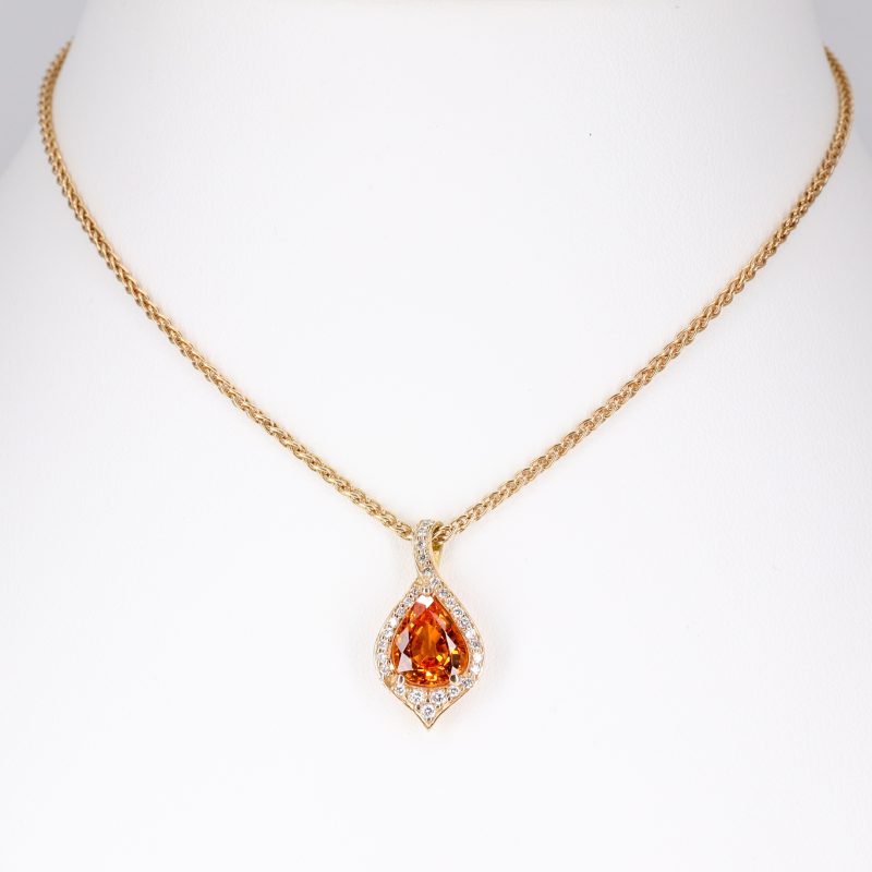 18ct rose gold, pear-shaped orange sapphire and diamond atlantis pendant