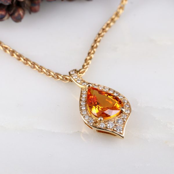 18ct rose gold, pear-shaped orange sapphire and diamond atlantis pendant