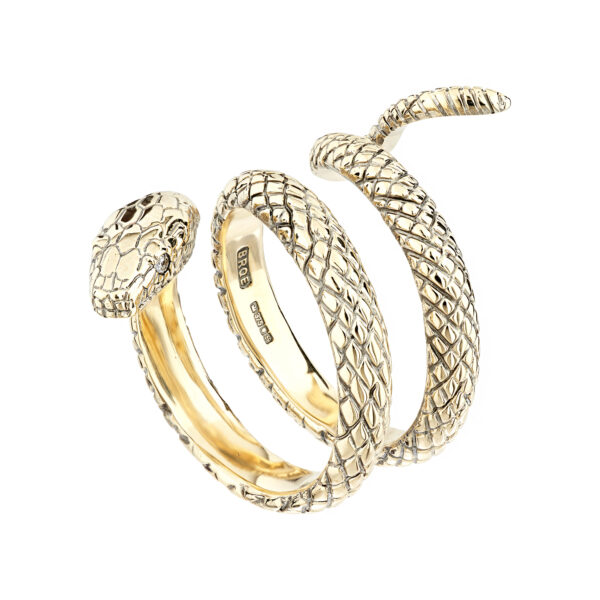 9ct yellow gold snake ring with diamond-set eyes
