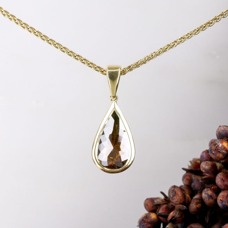 18ct yellow gold cognac coloured pear shape diamond pendant