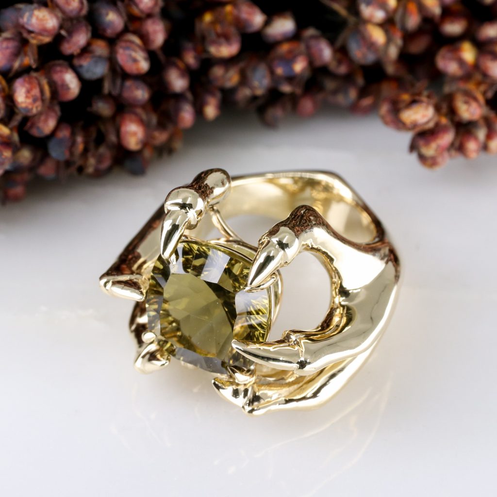 9ct yellow gold dragon claw ring with smoky quartz Baroque Jewellery
