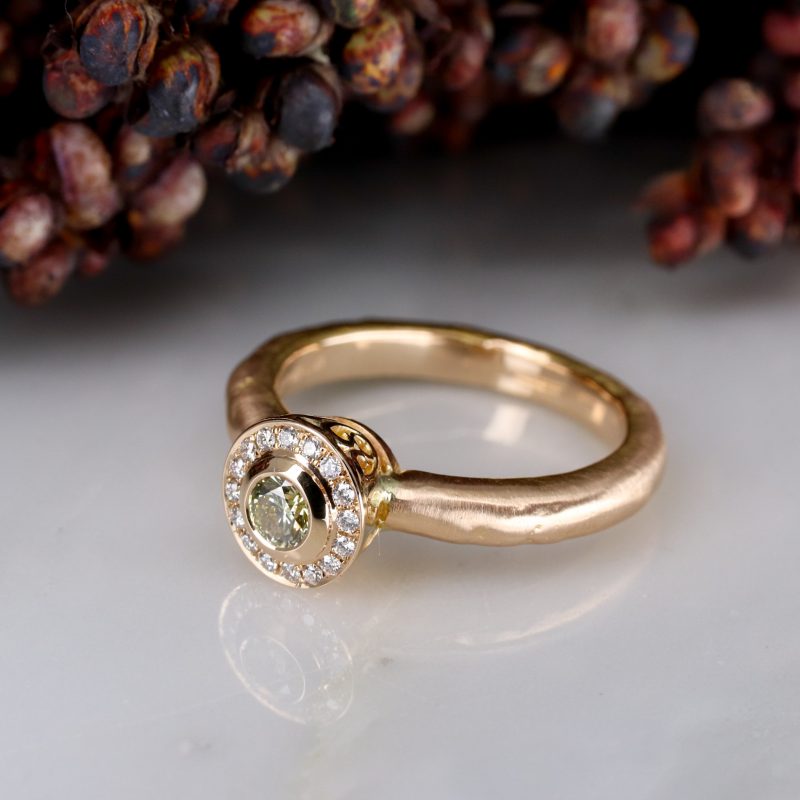 18ct rose gold molten engagement ring with filigree collet with champagne and white diamonds