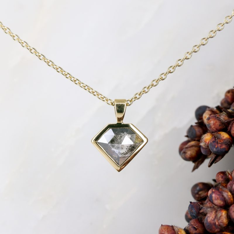 18ct yellow gold shield shape salt and pepper diamond pendant