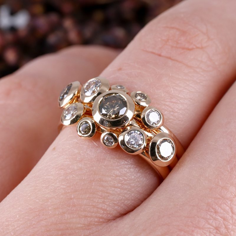 18ct rose gold three part concentric ring with white and cinnamon diamonds