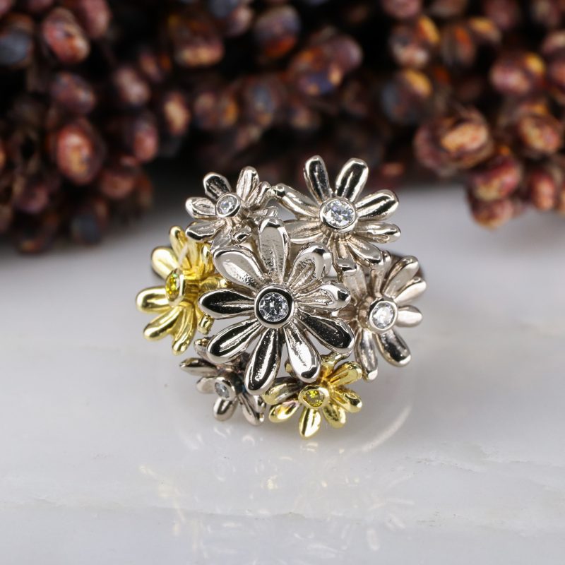 18ct gold, white & yellow diamond daisy cluster ring