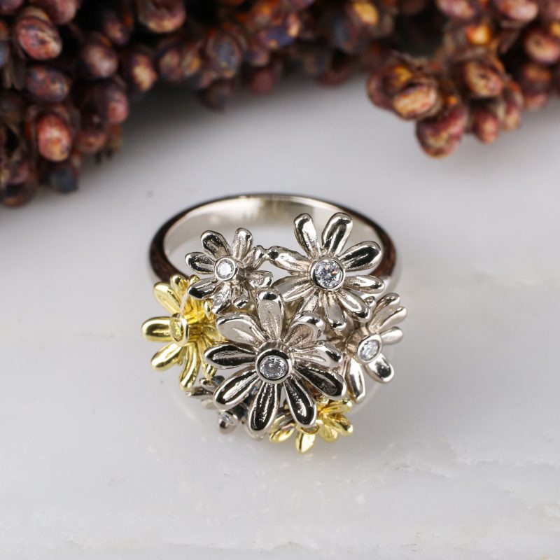 18ct gold, white & yellow diamond daisy cluster ring