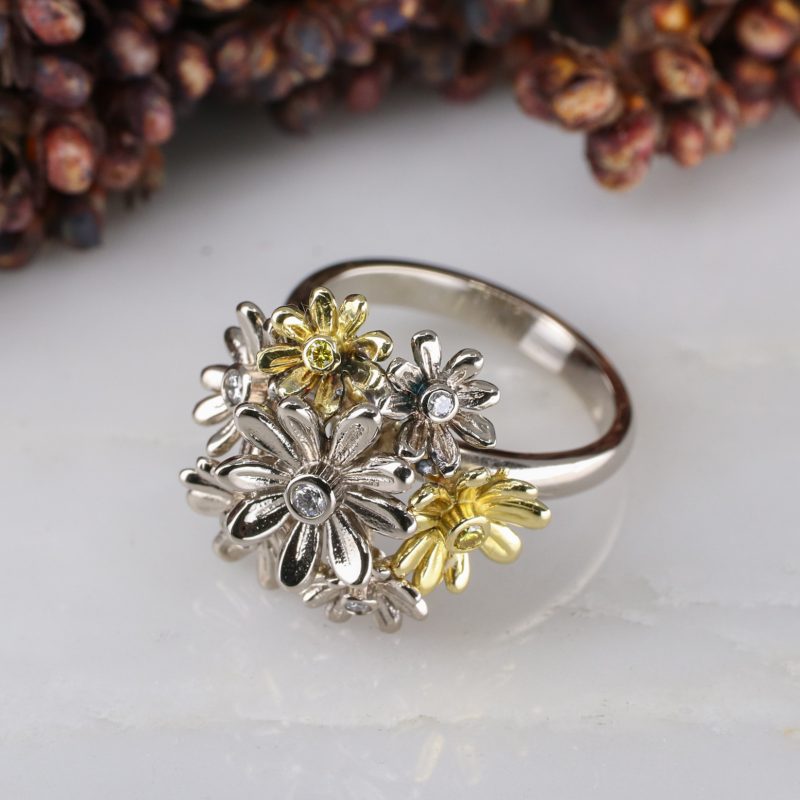 18ct gold, white & yellow diamond daisy cluster ring