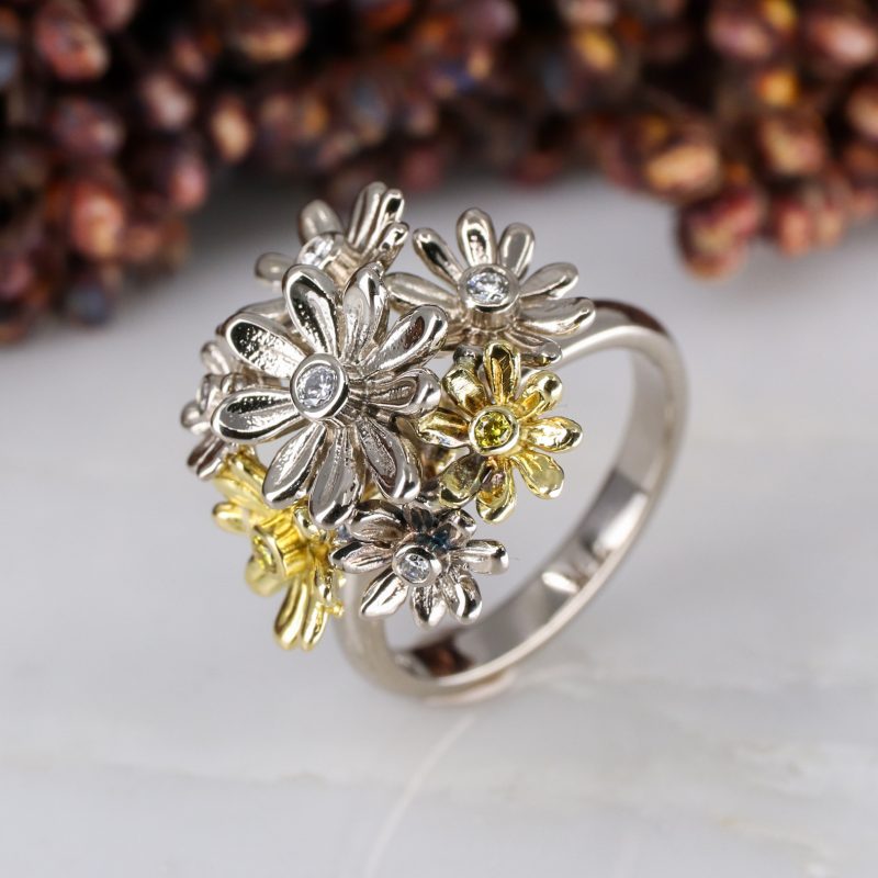 18ct gold, white & yellow diamond daisy cluster ring