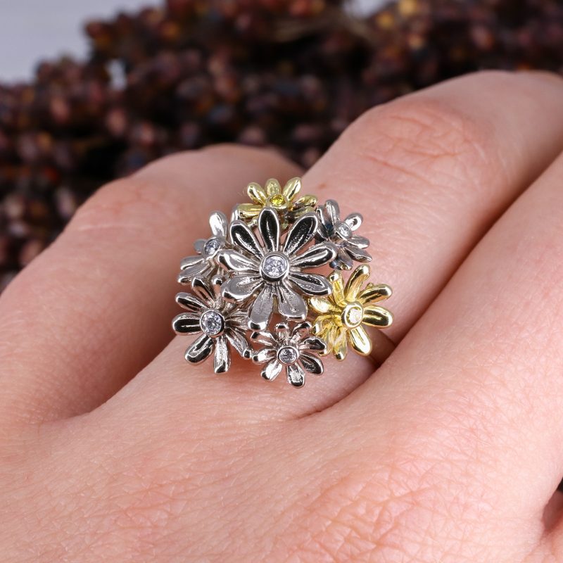 18ct gold, white & yellow diamond daisy cluster ring