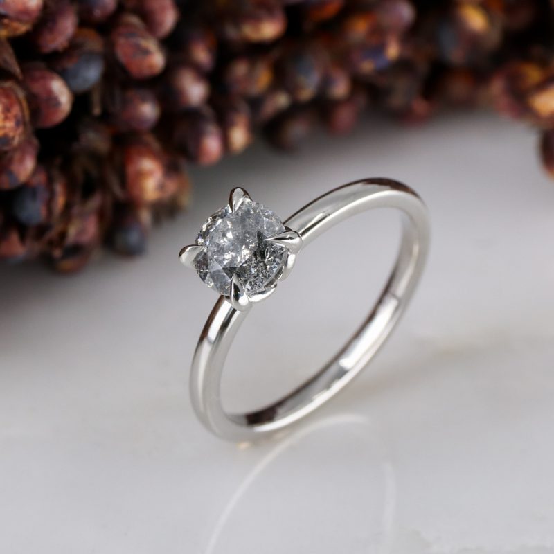 Platinum tulip ring with 0.71ct salt and pepper diamond