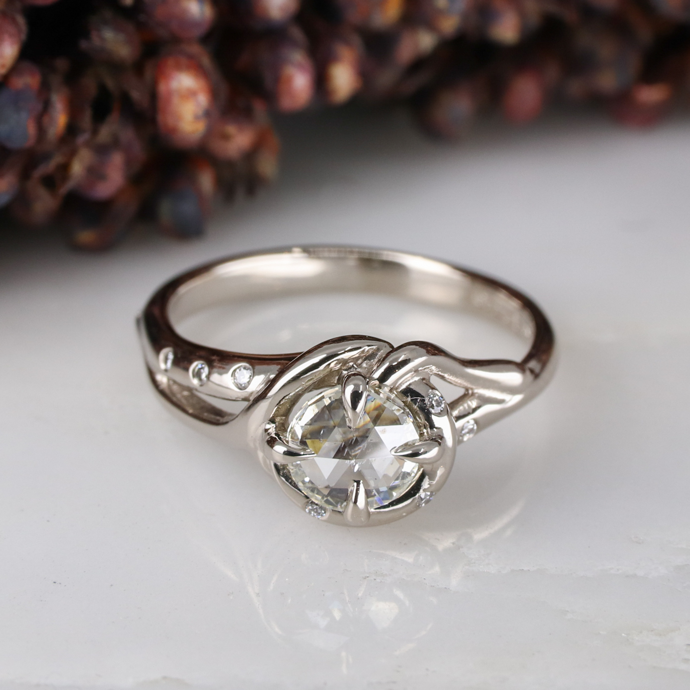 18ct white gold white rose cut diamond woodland ring Baroque Jewellery
