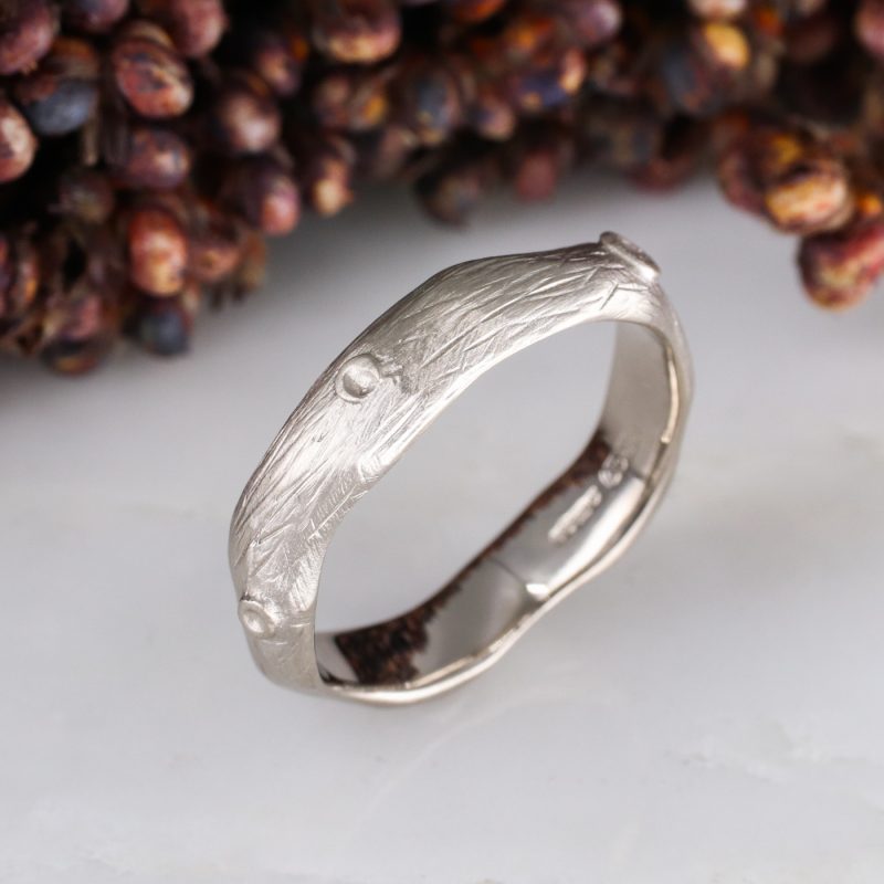 18ct white gold wide woodland wedding ring