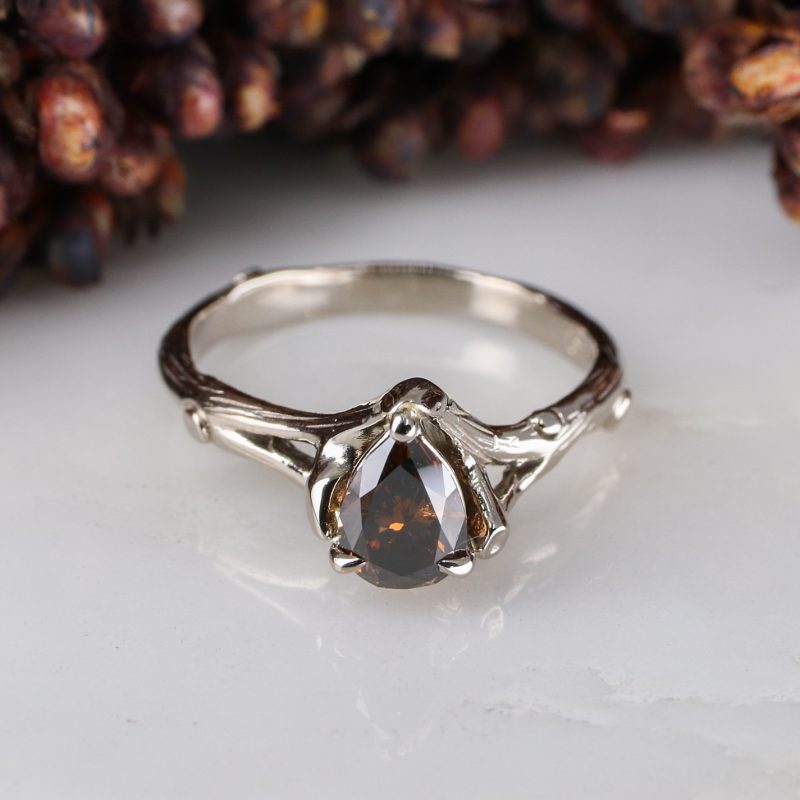 18ct white gold and pear-shaped chocolate diamond woodland ring