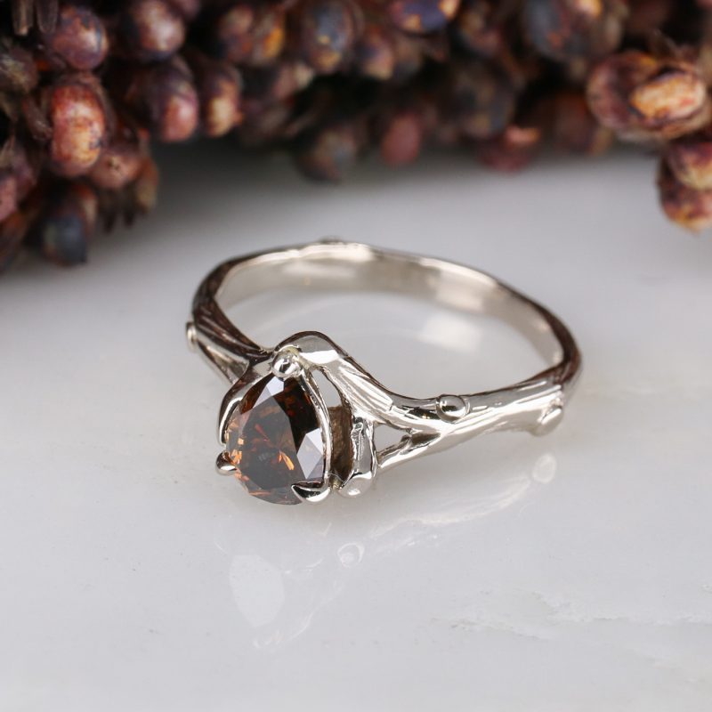 18ct white gold and pear-shaped chocolate diamond woodland ring