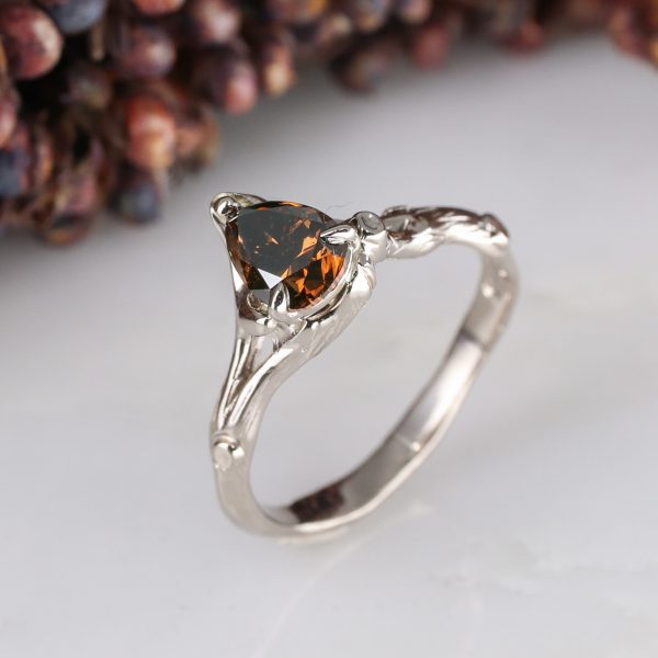 18ct white gold and pear-shaped chocolate diamond woodland ring