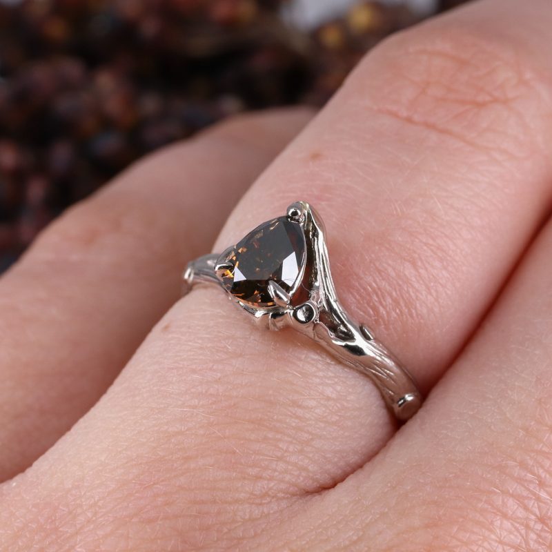 18ct white gold and pear-shaped chocolate diamond woodland ring