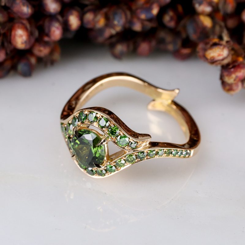 18ct rose gold green sapphire and green diamond atlantis ring